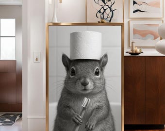 Funny Squirrel Digital Art, Bathroom Decor Print, Toilet Paper Hat, Cute Animal Wall Art, Toothbrush Squirrel, Whimsical Printable Art
