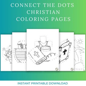 May include: Four black and white printable connect the dots colouring pages with Christian themes. The pages feature a boat, a bible, a cross, and a sun.