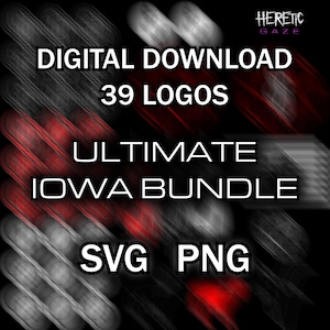 May include: A digital download bundle featuring 39 logos with the text "DIGITAL DOWNLOAD 39 LOGOS ULTIMATE IOWA BUNDLE SVG PNG" and "HERETIC GAZE" displayed in white against a black background with blurred red and white abstract light streaks.