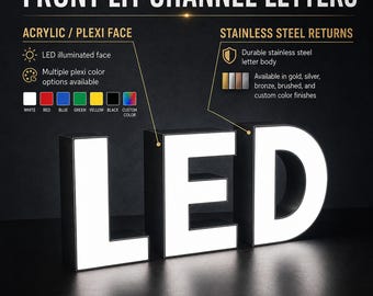 Pode incluir: Letras caixa iluminadas frontalmente formando a palavra LED com faces em acrílico branco e laterais em aço inoxidável escuro. O gráfico inclui etiquetas de texto detalhando características como iluminação LED, corpos em aço inoxidável e opções de cores.