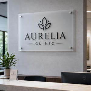 May include: A frosted acrylic lobby sign for Aurelia Clinic. The sign features the clinic's name and logo in black against a white background, mounted with silver hardware. The text "Custom Acrylic Lobby Sign" is at the top.