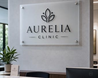 Pode incluir: Uma placa de lobby de acrílico fosco para a Clínica Aurelia. A placa apresenta o nome e o logotipo da clínica em preto sobre um fundo branco, montada com ferragens prateadas. O texto "Custom Acrylic Lobby Sign" está no topo.