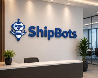 Pode incluir: A imagem mostra o logotipo "ShipBots" em um ambiente de escritório moderno. O logotipo apresenta um ícone de robô azul e branco ao lado do texto azul "ShipBots" em uma parede branca. Uma recepção e plantas em vasos estão em primeiro plano.
