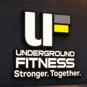 May include: A three-dimensional wall sign featuring the letters UF in white, with a grey rectangle above a yellow rectangle to the right. Below, the text reads UNDERGROUND FITNESS in white, followed by the phrase Stronger. Together. in white.