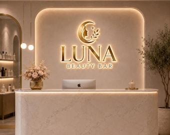 Custom Backlit Boutique Sign, 3D Metal Logo, LED Beauty Salon Reception Wall Sign