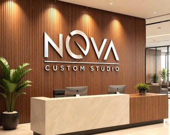 Placa personalizada com logotipo 3D, em acrílico ou aço inoxidável, para parede de escritório ou decoração de recepção.
