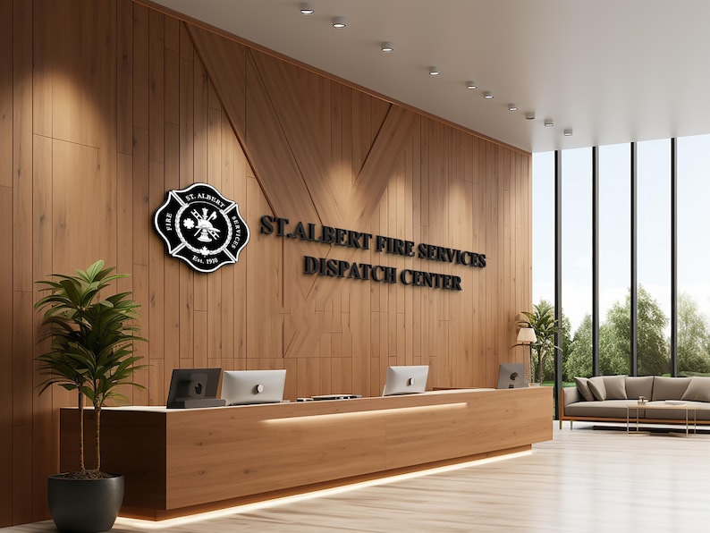 3D logo wall sign made with polished or brushed metal for a custom lobby sign in stainless metal on a dark wall in a modern conference room