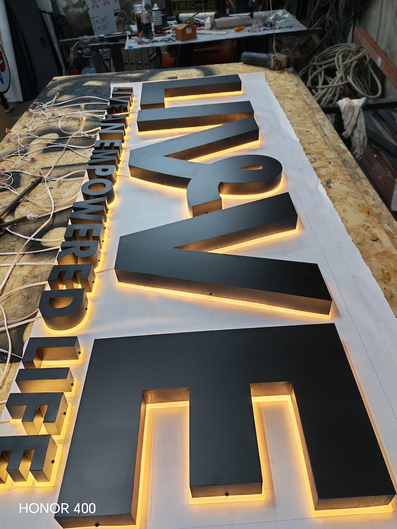 Custom Led Backlight Sign Logo Custom Backlit Logo Sign, Stainless Steel 3D Letters, LED Halo Business ...
