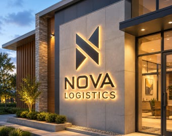 Pode incluir: Vista exterior de um edifício moderno com o logótipo e o texto "NOVA LOGISTICS" iluminados. O logótipo é um "N" preto estilizado com um contorno amarelo. O edifício tem uma fachada de pedra e betão.