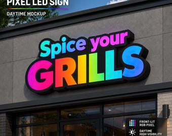 Pode incluir: Uma placa de LED de pixel personalizada com o texto "Spice your GRILLS" em letras luminosas multicoloridas. A placa é montada em uma fachada cinza, com um design de maquete diurna. A placa é iluminada frontalmente, de alta visibilidade e durável.
