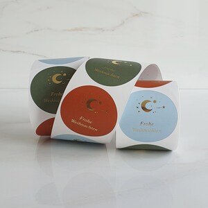 Frohe Weihnachten Sticker, goldener Mond und Sterne (ab 10 Stück)