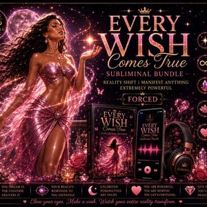 May include: A digital art piece with a woman in a pink dress, surrounded by stars and roses. The text reads "Every Wish Comes True" with additional text about a subliminal bundle. A book, phone, and headphones are also featured.
