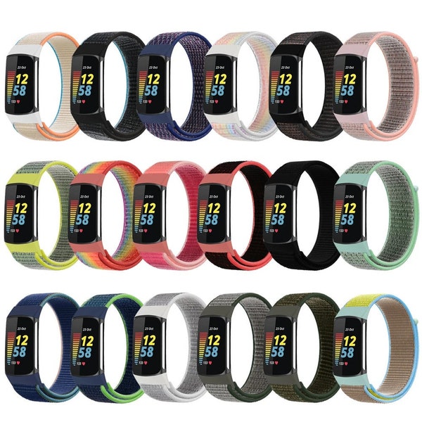 Fitbit Charge 5 Nylon Band Klettverschluss Klett Sport atmungsaktiv Stoff Armband Ersatz robust weich verstellbar Uhrenarmband