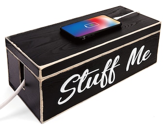 Cable Management Box Wood, Cord Organizer with Lid, Wooden Cable Organizer, Farmhouse Office Deco, Desk Accessories Storage Box, Black