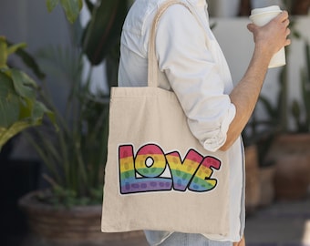 Love Rainbow Pride Reusable Canvas Tote Bag, Love is Love Tote, Love Wins Bag, Gay Pride Gift, Rainbow Flag Support Tote Bag, Cute Beach Bag