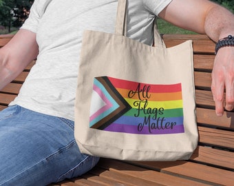 All Flags Matter LGBTQ Pride Progress Flag Canvas Tote Reusable Bag, LGBTQIA+ BIPOC Rainbow Flag Shopping Tote Bag, Pride Flag Eco Bag, Gift