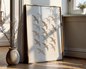 Abstract Flock of Birds in Neutral Tones, Minimalist Rustic Nature Print, Boho Living Room Wall Decor, Vintage Living Room Digital Art Decor