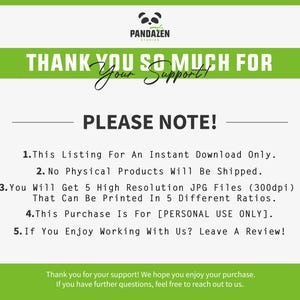 Puede incluir: Anuncio de descarga digital con un dise&ntilde;o verde y blanco. El texto dice "THANK YOU SO MUCH FOR Your Support!" y "PLEASE NOTE!" seguido de detalles sobre el producto digital, incluidos los tipos de archivo y los derechos de uso.