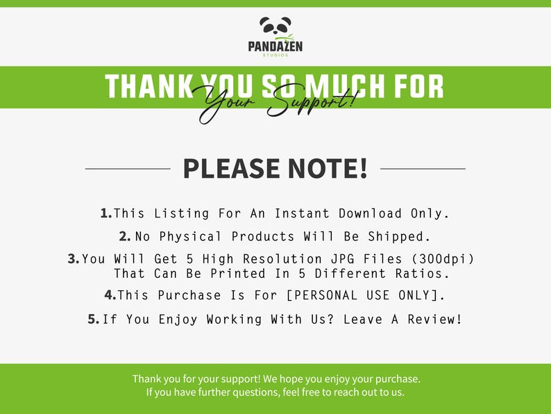 Puede incluir: Anuncio de descarga digital con un dise&ntilde;o verde y blanco. El texto dice "THANK YOU SO MUCH FOR Your Support!" y "PLEASE NOTE!" seguido de detalles sobre el producto digital, incluidos los tipos de archivo y los derechos de uso.