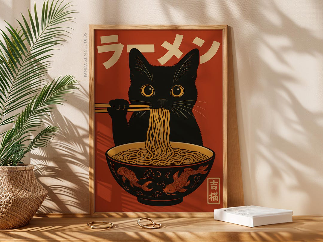 Vintage Cat Ramen Wall Art, Japanese Retro Kitchen Poster, Funny Noodle ...