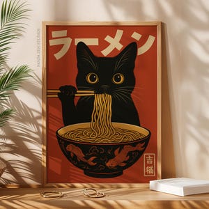 Vintage katt Ramen väggkonst, japansk retro köksaffisch, rolig nudelkatttryck, udda kattillustration konstdekor, söt digital nedladdning