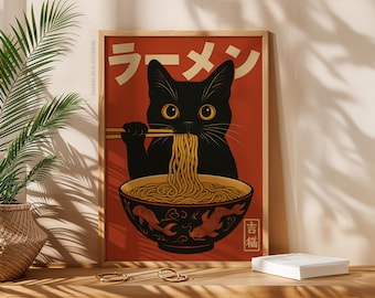 Vintage Cat Ramen Wall Art, Japanese Retro Kitchen Poster, Funny Noodle Cat Print, Quirky Cat Illustration Art Decor, Cute Digital Download