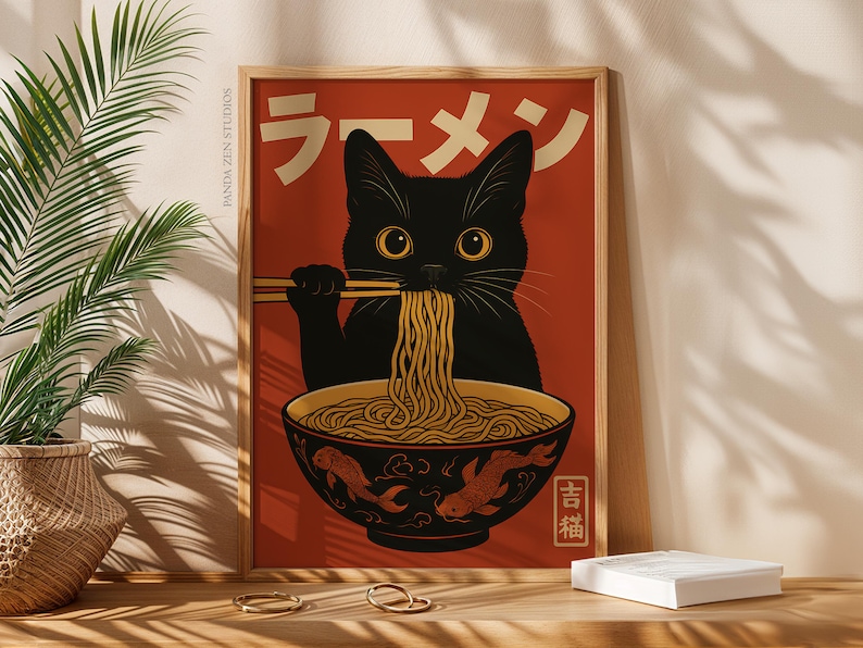 Vintage Cat Ramen Wall Art, Japanese Retro Kitchen Poster, Funny Noodle Cat Print, Quirky Cat Illustration Art Decor, Cute Digital Download