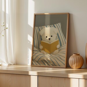 Dog Reading Wall Art Print – Cozy Dog in Bed Illustration, Book Lover Poster, Whimsical Animal Artwork, Digital Dog Print for Bedroom Decor