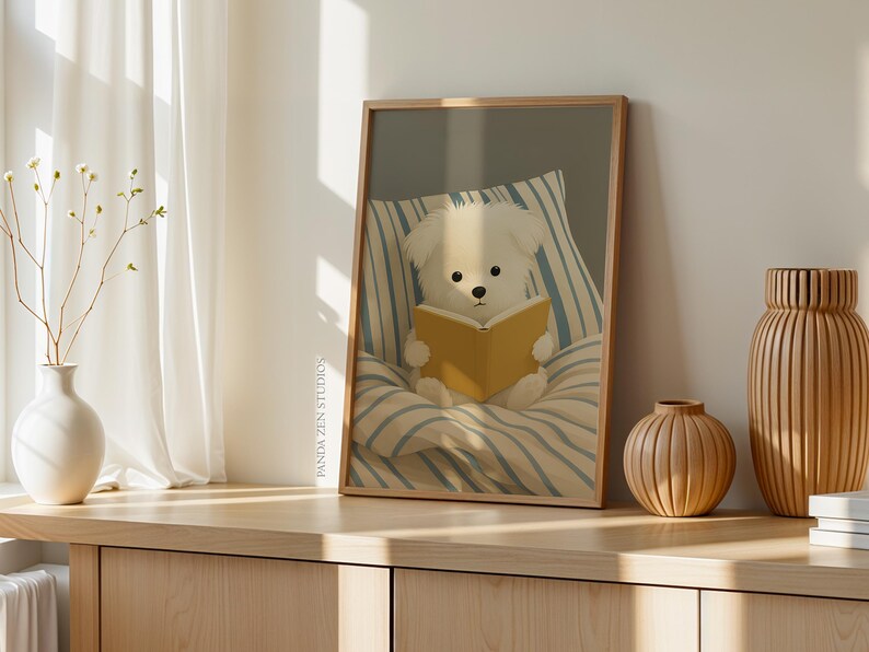Dog Reading Wall Art Print – Cozy Dog in Bed Illustration, Book Lover Poster, Whimsical Animal Artwork, Digital Dog Print for Bedroom Decor