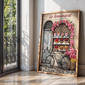 French Boulangerie Watercolor Print, Romantic Paris Bakery Wall Art, Cozy Cafe Kitchen Decor, Pink Digital Download for French Country Style
