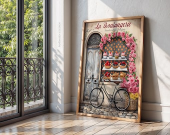 French Boulangerie Watercolor Print, Romantic Paris Bakery Wall Art, Cozy Cafe Kitchen Decor, Pink Digital Download for French Country Style