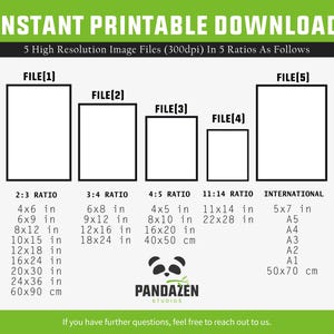 K&ouml;nnte beinhalten: Eine Grafik zum digitalen Download mit Gr&ouml;&szlig;enverh&auml;ltnissen und Abmessungen in Zentimetern und Zoll. Das Bild enth&auml;lt den Text "INSTANT PRINTABLE DOWNLOAD" und "PANDAZEN STUDIOS". Das Bild zeigt f&uuml;nf Dateiopktionen mit verschiedenen Seitenverh&auml;ltnissen und Gr&ouml;&szlig;en, darunter 4x6 in, 6x8 in, 4x5 in, 11x14 in, und 50x70 cm.