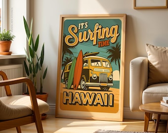 It's Surfing Time Poster, Vintage Tropical Surfing Wall Art, Retro Beach Poster with Palm Trees & Surfer, Coastal Ocean Home Decor Printable