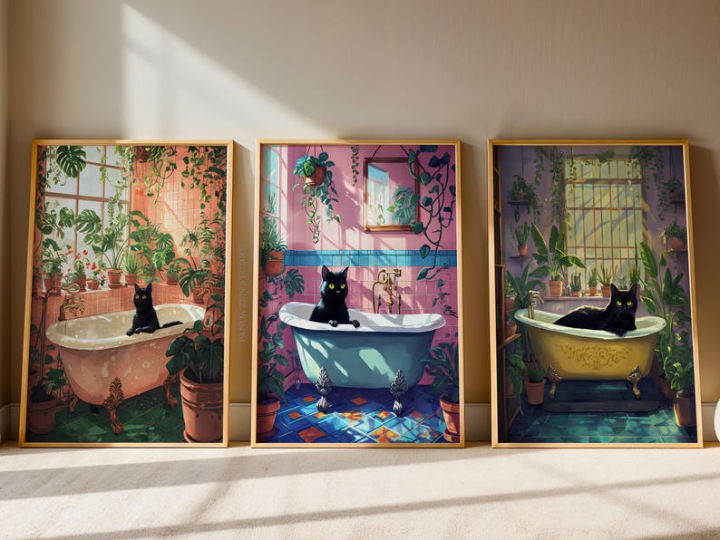 Funny Cat Bathroom Wall Art Set of 3, Orange Cat Bathtub Poster ...