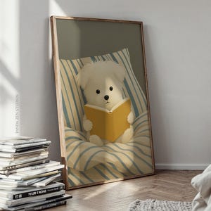 Dog Reading Wall Art Print – Cozy Dog in Bed Illustration, Book Lover Poster, Whimsical Animal Artwork, Digital Dog Print for Bedroom Decor