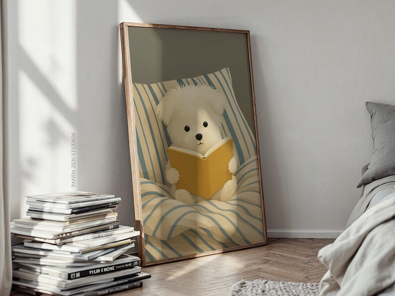 Dog Reading Wall Art Print – Cozy Dog in Bed Illustration, Book Lover Poster, Whimsical Animal Artwork, Digital Dog Print for Bedroom Decor