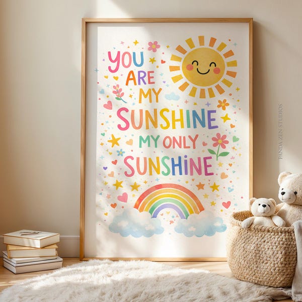 You Are My Sunshine Nursery Art Printable, Rainbow Kids Room Decor, Colorful Girls Nursery Print, Baby Room Quote Poster, Instant Download