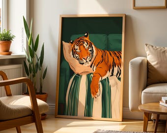 Emerald Green Tiger Art Print, Modern Animal Wall Art, Bold Jungle Decor, Dark Green Aesthetic Sign, Tropical Tiger Poster, Digital Download