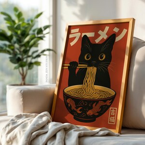 Vintage Cat Ramen Wall Art, Japanese Retro Kitchen Poster, Funny Noodle Cat Print, Quirky Cat Illustration Art Decor, Cute Digital Download