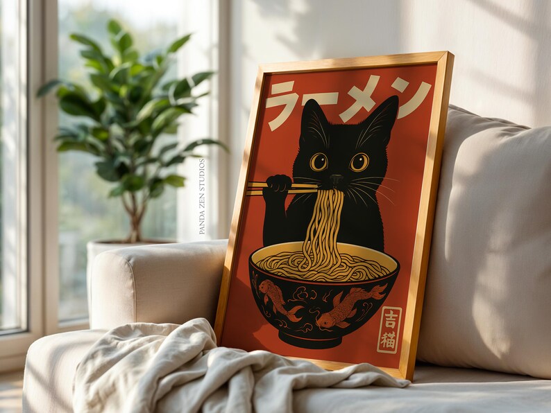 Vintage Cat Ramen Wall Art, Japanese Retro Kitchen Poster, Funny Noodle Cat Print, Quirky Cat Illustration Art Decor, Cute Digital Download