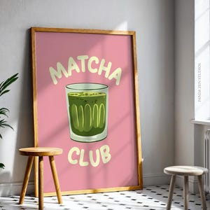 Impresión del Club de Matcha, Decoración de Cocina Rosa, Póster de Matcha Moderno, Impresión para Cafetería Acogedora, Regalo para Amantes del Té, Decoración Estética Japonesa, Obra de Arte Verde Matcha