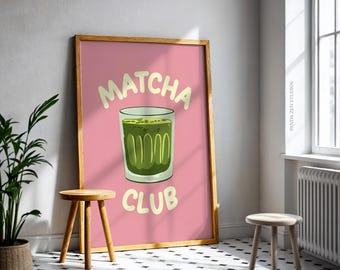 Matcha Club Print, Pink Kitchen Decor, Trendy Matcha Poster, Cozy Cafe Print, Tea Lover Gift, Japanese Aesthetic Decor, Matcha Green Artwork