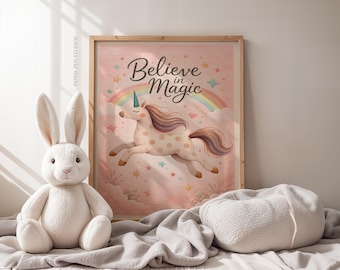Believe in Magic Unicorn Printable, Hand Drawn Unicorn Wall Art, Kids Room Decor, Nursery Wall Art, Magical Quote Print, Instant Download