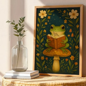 Whimsical Frog Reading Art Print, Cottagecore Book Lover Wall Decor, Vintage Storybook Animal Illustration, Cozy Nursery Digital Download