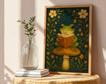 Whimsical Frog Reading Art Print, Cottagecore Book Lover Wall Decor, Vintage Storybook Animal Illustration, Cozy Nursery Digital Download