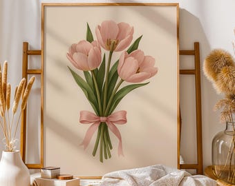 Coquette Tulips Bouquet Art Print, Pink Girly Aesthetic Room Decor, Y2k Cute Girly Wall Art Decor, Blush Bow Flower Poster, Digital Download