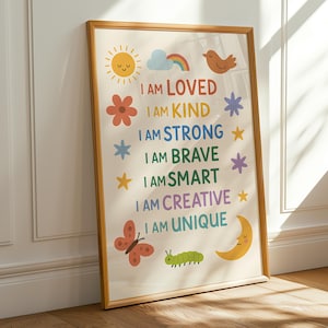 Kids Affirmation Print, Positive I Am Poster, Growth Mindset Wall Art, Digital Download for Classroom, Motivational Nursery & Playroom Decor