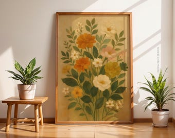 Druckbare Vintage botanische Malerei, antike Blumenwandkunst, Erdton Blumendruck, Cottagecore Boho, digitale rustikale Natur Illustration
