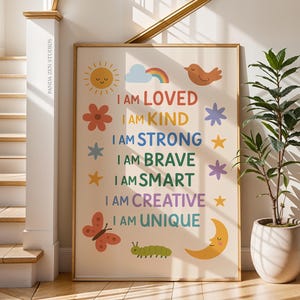 Kids Affirmation Print, Positive I Am Poster, Growth Mindset Wall Art, Digital Download for Classroom, Motivational Nursery & Playroom Decor