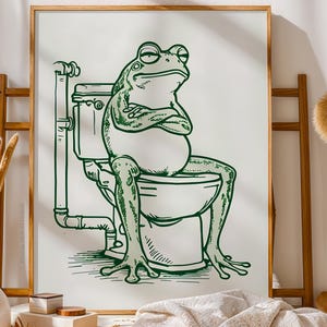 Frog Art Print, Frog On Toilet Green Art Print, Retro Frog Poster, Vintage Print, Funny Bathroom Art, Digital Download, Home Toilet Art Gift